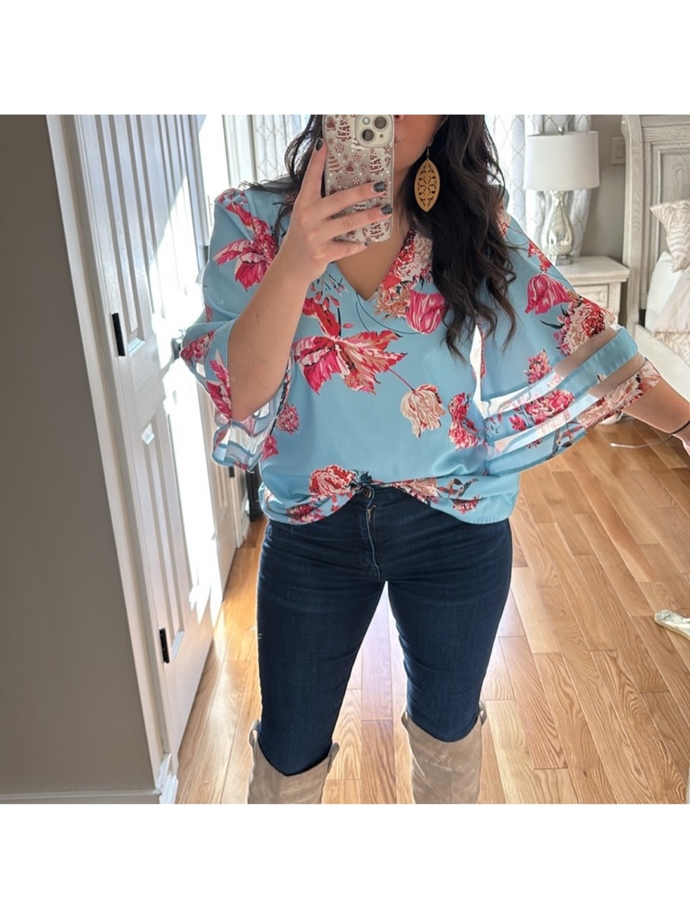 Sky Blue Floral V-Neck Bell Sleeve Blouse